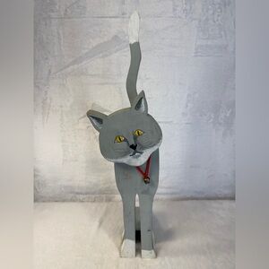Vintage Wooden Hand Carved Grey Cat Figurine Door Stop 20.5” Tall Yellow Eyes